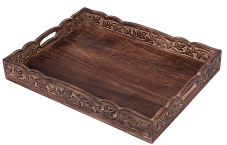 Divit Shilp Natural Wooden Trays Serving Bowl for Salad, Veggies and Fruits, Large Deep for Family, Party. (Floral Tray)