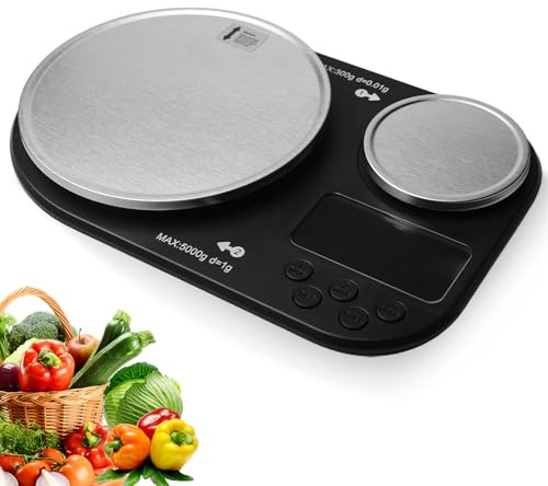 Doppelplattform-Küchenwaage Digitale Lebensmittelwaage wiegt bis zu 5 kg und 300 g mit Edelstahl-Wiegetopf, Küchen Feinwaage mit 5 Einheiten, Tara, Summierungsfunktion für Küche, Schmuck, Backen