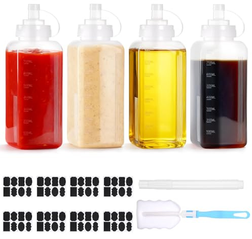 Yimomoyi 4 Pack Square Sauce Bottles, 800ml Large Plastic Squeeze Bottles with Nozzles, Food Grade Squeezy Condiment Bottle for Sauces, Ketchup and Salad Dispenser BBQ Dressing