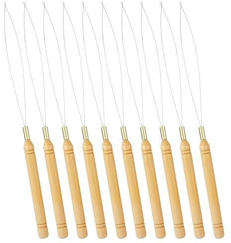 10 Stück Bartperlen Einfädler Haarverlängerungs Schleifen Einfädelhilfe Nadel Set mit Holzgriff Haar Zubehör Schlaufen Perleneinfädler Nadeleinfädler Zughaken Werkzeug für Haar Feder Extensions