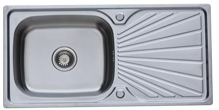 RUMO Aurora Premium Kitchen Sink 1 One Single Large Bowl Left or Right Hand Stainless Steel Sinks with Drainer 910mm x 450mm Includes Wastes Kit (Aurora Silver)