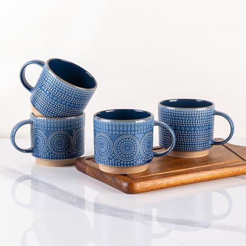 GBhome 12 OZ Stackable Coffee Mugs Set of 4, Ceramic Coffee Cups Set | Coffee Cups for Latte, Tea, Cocoa&Milk, Ideal for Daily Use&Gifts, Microwave&Dishwasher Safe, Moonlight Blue