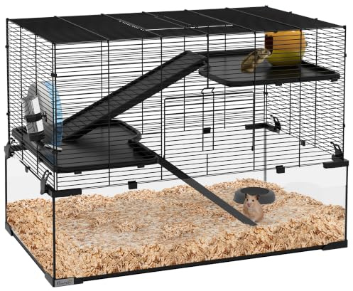 PawHut Hamsterkäfig, Nagetierkäfig, 3 Ebenen mit Rad, Rampen, Häuschen, Tränke, Futternapf, 76,5 x 48,5 x 54,5 cm (L x B x H), Schwarz