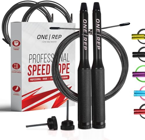 Comba Crossfit Profesional ONE REP - Aluminio, 2 Cables, Boxeo, Fitness | Incluye 2 cables intercambiables de repuesto: uno de velocidad y otro estándar. Mangos de aluminio con rodamientos 360°.