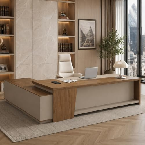 Laxodor 200CM /78.7 L-Shaped Executive Desk with Lateral File Cabinet | 4-in-1 Outlet USB, with Lockable Drawers,LED, Modern Large Executive Office Desk ,Workstation for CEO Manager Office