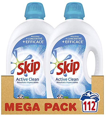 SKIP - Lessive liquide Active Clean 112 lavages - résultats impeccables - bouteille 100% recyclable - enlève les taches tenaces (lot prOMO de 2x56)
