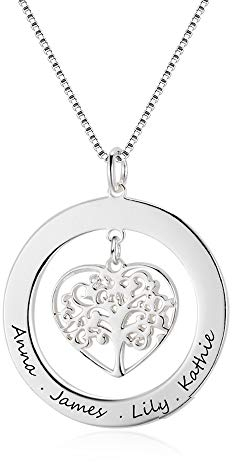 Bo&Pao Family Tree Name Necklace 925 Sterling Silver, Tree of Life Necklace with Engravings