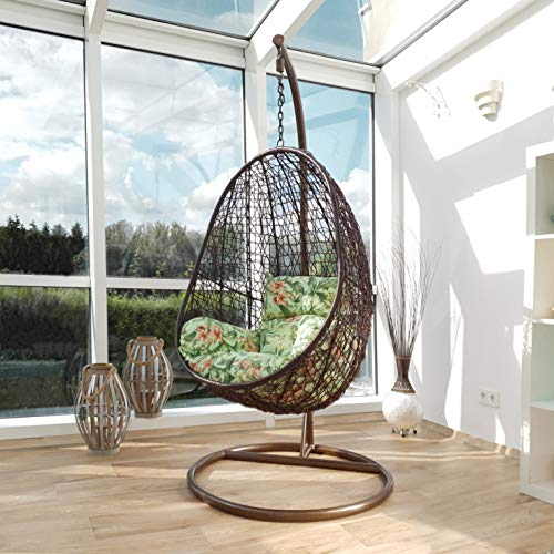Kideo® Komplettset: Hängesessel inkl. Gestell und Kissen, Lounge-Möbel, Polyrattan, Swing Chair, Rattanmöbel, Lounge (braun/grün)