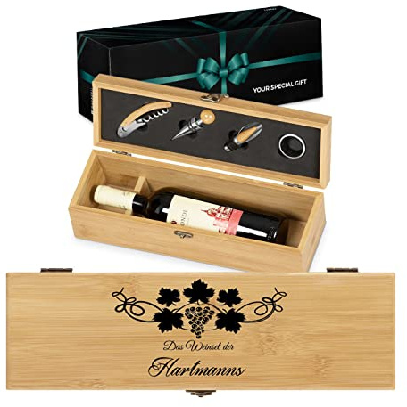 Maverton Bambus Weinbox für 0,7L Weinflasche Wein Holzbox + 4er Weinzubehör | Wein Holzbox personalisiert + 4er Weinzubehör, Weinset Weinkiste, Geschenk zur Hochzeit Paare