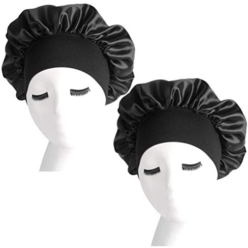 nuoshen 2 Pack Bonnet with Wide Elastic Band, Silky Bonnets Hat Soft Satin Sleeping Head Cover for Night Sleep Curly Hair Protection
