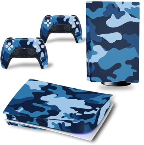 SKINOWN Vinilo adhesivo para PS5 CD versión disco edición consola y controladores, color azul camuflaje