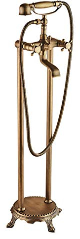 Freistehende Badewanne Wasserhahn Antik Messing, Doppelgriffe Bodenmontage Badewanne Wasserhahn, Badewanne Füller Wasserhahn mit Handbrause