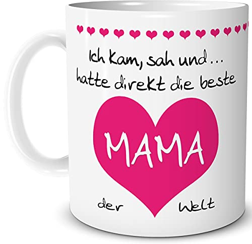 TRIOSK Tasse Herz mit Beste Mama der Welt Muttertagsgeschenk Spruch Ich kam sah und hatte Geschenk lustig für Muttertag Frauen Freundin Pink, Keramik 300ml