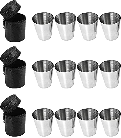 MOPOIN Shooter Verre, 12pcs Verre à Shot en Acier Inoxydable, Gobelet à Shoot Verre à Schnaps avec 3 Étui en Cuir, Verres à Shot pour Voyage Camping Boisson à Boire Biere Whisky Rhum Cognac Café