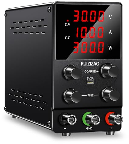 RUZIZAO Fuente de Alimentación Regulable 30V 10A DC Fuentes de Alimentación de Laboratorio Fuente de Alimentacion de Banco Ajustable Pantalla LED de 4 Dígitos (Negro 30V 10A)