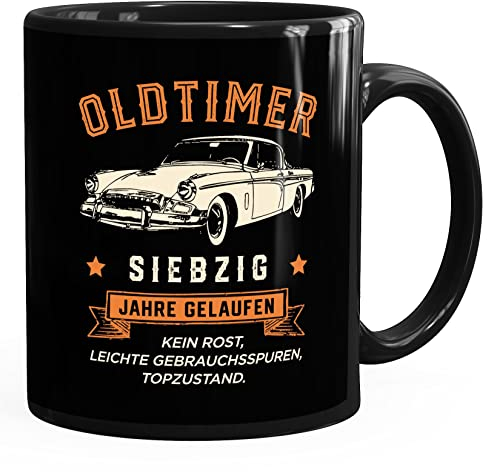Moonworks® Kaffee-Tasse Geburtstag Spruch Oldtimer Retro Design Print Vintage Auto Geschenk für Männer 70 Jahre uni - schwarz Keramik-Tasse