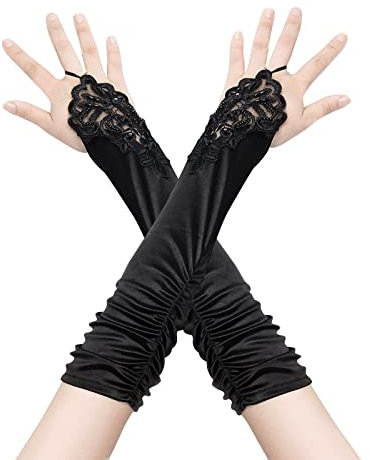 Andiker Opernhandschuhe fingerlos – lange Satin-Perlen-Pailletten, Ellenbogen-Handschuhe, 20er-Jahre Zubehör für Hochzeit, Abschlussball, Party, Fasching, Schwarz , One size