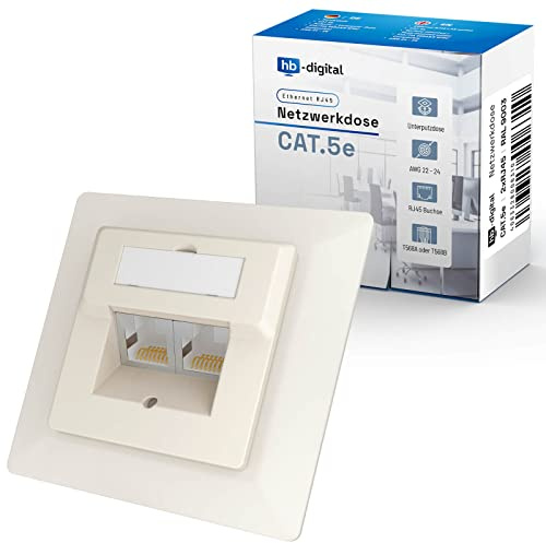 hb-digital 1x CAT 5e Netzwerkdose für CAT.7 CAT.6A CAT.6 CAT.5 Verlegekabel mit 2X RJ45 Port | Unterputz Datendose Universal EIA/TIA 568A&B 8P8C Gigabit Ethernet RAL9010 Reinweiß