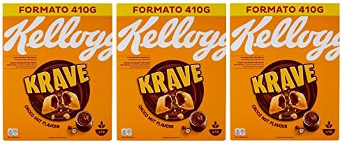 3x Kellogg's Krave Choco Nut Gemischte Cerealien Bündel mit Schokoladenfüllung mit Haselnuss Geschmack und Vitaminzusatz 410g Packung
