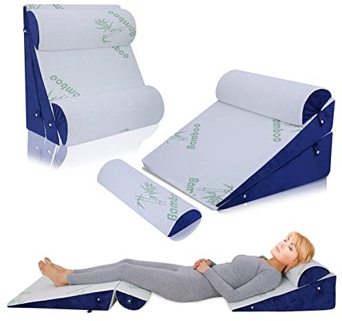 WDBBYL 4PCS Adjustable Bed Wedge Pillow Sleeping Support Set 100% Memory Foam for Post Suregery Recovery, Back Neck Leg Pain Relief,Acid Reflux and GERD,Sitting Reading Light Green Cover