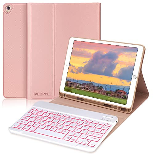 IVEOPPE Teclado iPad 9 Generacion, Funda iPad 10.2 con Teclado, Teclado Español Ñ Retroiluminados Bluetooth Inalámbrico Desmontable para iPad 9.ª/8.ª/7.ª Gen 10,2“, iPad Pro 10.5, iPad Air 3, Rosa