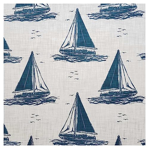 Maritimer Dekostoff Segelboot Sommerwind reine Baumwolle mit Leinenoptik Meterware mit Segelschiff und Möwen in Natur-Blau 140 x 50 cm