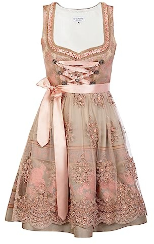 Edelnice Trachtenmode Mini Dirndl Rosalie aus goldenen Brokatstoff mit rosé farbenen Rosenmuster, Herzausschnitt und mit Pailletten und Perlen bestickter Spitzenschürze.