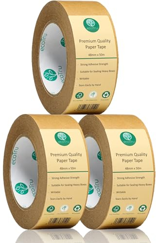 ecotru Lot de 3 rouleaux de ruban adhésif d'emballage en papier kraft marron ultra résistant pour sceller des boîtes et des cartons, expédition et déménagement, respectueux de l'environnement et