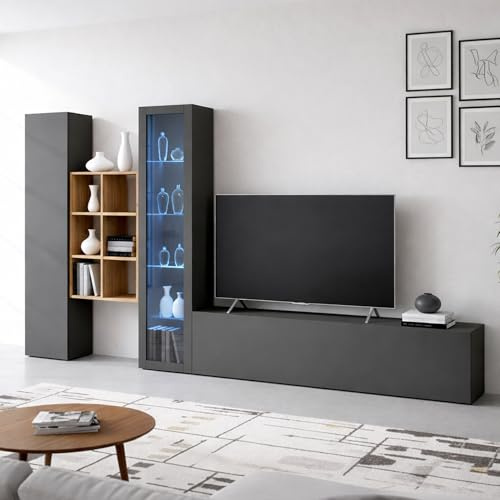 Dmora - Ausgestattete Wand Eugenio, 3-türiges TV-Ständer-Wohnzimmerset, Mehrzweck-Wohnzimmermöbel mit Vitrine und LED-Licht, 100% Made in Italy, 320 x 30 x 180 cm, Anthrazit,
