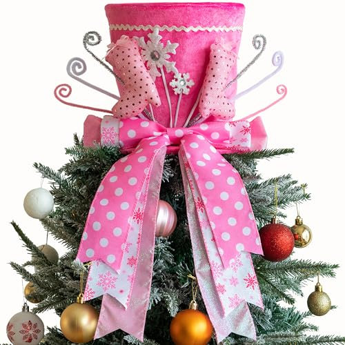 MOSHAKALA Christmas Tree Topper, Christmas Tree Topper Hat, Pink high Heels Tree Topper Christmas Decorations with Bow Ribbon Christmas Tree Ornaments for Holiday Family Xmas Décor