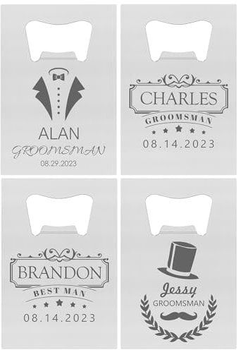 4PCS Personalised Bottle Openers Credit Card Size, Groomsmen Best Man Gifts for Wedding Bachelor Party, Stainless Steel Beer Bottle Opener, Silver