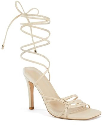 Juliet Holy Damen-Sandalen mit Schnürung, quadratisch, offener Zehenbereich, Stiletto-Absätze, Riemchen, Sommer, elegante Schuhe, Beige, 36 EU