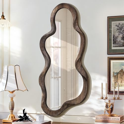 Lzuso Großer asymmetrischer Spiegel für die Wand, Holzrahmen, unregelmäßiger Spiegel, einzigartiger Wolkenspiegel, modernes Wohnzimmer, Schlafzimmer, Schminktisch, Eingang, Flur, dekorativer