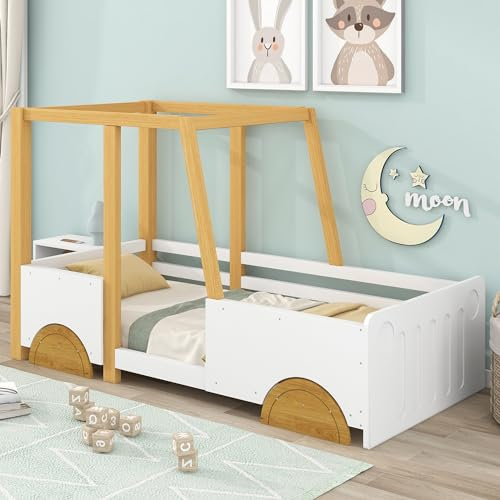 90x200cm Kinderbett Autobett,Jugendbett,mit MDF-Rädern,Rahmen aus Kiefer,rausfallschutz kinderbett holz,vielseitiges Holz Kinderbett für Jungen & Mädchen