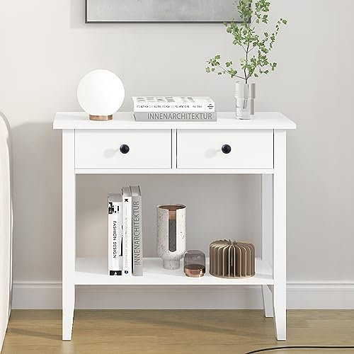 sogesfurniture Modern Konsolentisch, Flurtisch Schmal, Beistelltisch, Ablagetisch mit 2 Schubladen, für den Eingang, Korridor, Wohnzimmer, Schlafzimmer, 80x34x71.5 cm, Weiß