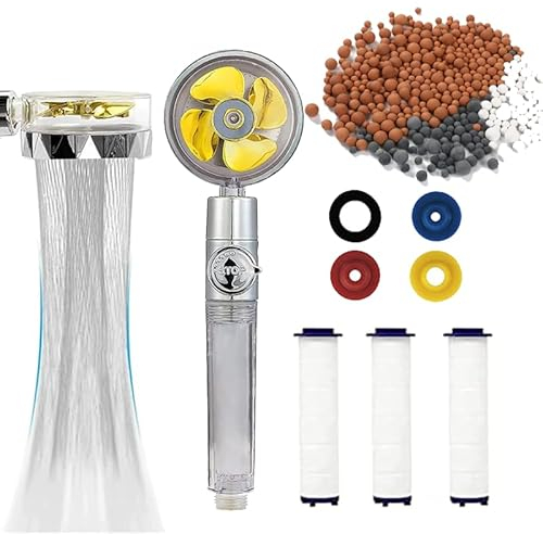 Wassersparender Propeller-Druckduschkopf um 360° Drehbarer Duschkopf Handbrause mit 3 Stück PP-Baumwolle 3 Anti-Kalkstein-Dichtungen1 Wassersparende 4-Farben-Dichtung zum Baden und Spa-Einsatz(Gelb)