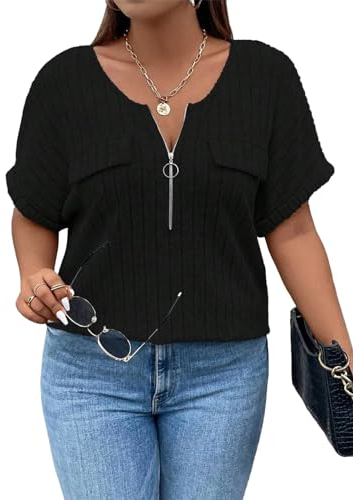 Gemulate Plus Size Tops for Women Plus Size Ladies Tops Casual Tops V Neck Short Sleeve Tunic Tops for Women UK Plus Size Ladies Blouses Casual T Shirts - Black, XXX-Large