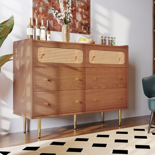 HYUB Sideboard mit Rattan Einsatz 120x40x90cm Beistellschrank Schrank Mehrzweckschrank Flurschrank, Kommode Anrichte mit 6 Schubladen, Viel Stauraum, Nussbaum, Holzfarbe