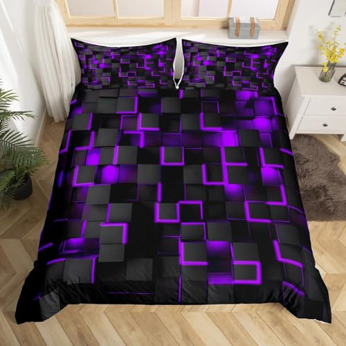 Homemissing Set di biancheria da letto con copripiumino per letto matrimoniale, motivo geometrico chiaro, per bambini, ragazzi e ragazze, set copripiumino in stile moderno, colore: viola e nero