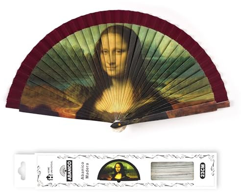 H.U.S.L® Abanico 23CM DE Madera Lisa con Tela DE Marfil, Abanico DE Madera Adornado, Abanico Original (Monalisa (DA Vinci))