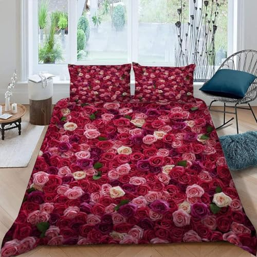 Pechiwuo Romantisch Bettwäsche 135x200 Weich Kuschelige Mikrofaser 3D Druck Rosen Bettwäsche-Sets Bettbezug und 2 Kissenbezug 80x80 cm mit Reißverschluss B-6119