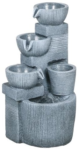 Outsunny Fontaine de Jardin à énergie Solaire Fontaine à Cascade en résine à 4 Niveaux avec lumières LED Pompe et Pot de Fleur dim. 31L x 27l x 57H cm Gris