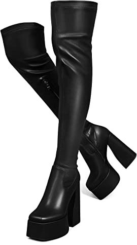 ErikenUrben Donna Platform Coscia Stivali Alto Largos Sopra Il Ginocchio Stivali Stretch Go-Go Boot Square Toe Wide Calf Festa Stivali Zip Black Numero 41