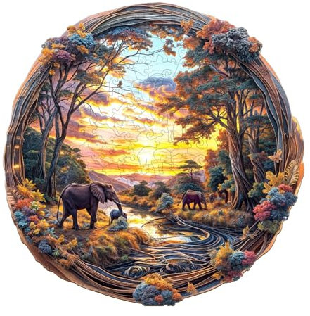 Holzpuzzle Erwachsene, Elefanten bei Sonnenuntergang Holzpuzzle, Unregelmäßige Einzigartige Form Puzzleteile, Geschenkverpackung, Geburtstagsgeschenk für Erwachsene und Kinder(L-34*33.8cm-290 Stück)