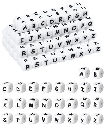 Lot de 130 perles carrées en silicone avec lettres de l'alphabet de A à Z de 12 mm pour bracelets et porte-clés - Pour la fabrication de colliers et cordons (blanc)