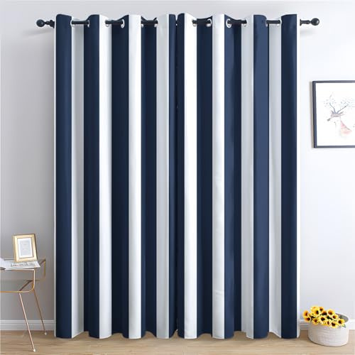 SZLYZM Vorhänge Blau Weiß Gestreift, Verdunkelungsvorhang 2er Set - Vorhang Blickdicht Nautisch Maritim Muster, Thermovorhang für Deko Wohnzimmer Schlafzimmer, Gardinen mit Ösen 220x140 cm (HxB)