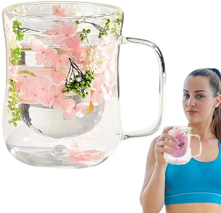 Generico Tazza a Doppia Parete in Vetro Con Fiori Secchi - Trasparente, 370 ml, per Tè e Caffè Espresso