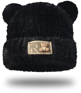 FOSDICK 1 Pcs Wintermütze Damen, Niedlicher Bär Winter Mütze, Plüsch Strickmütze, Verdickt Warm Mütze Damen Winter, Winddicht Winter Hat, Winter Cap mit Ohren, Wintermützen für Damen Mädchen, Schwarz