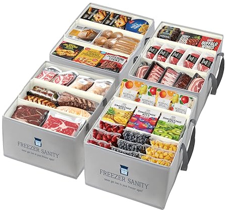 FREEZER SANITY The Original Chest Freezer Organizer Bins, Stackable Storage Organizers, Deep Freezer Dividers, Handles, Heavy-Duty, Water-Proo (4 Pack Large 19x14x9)