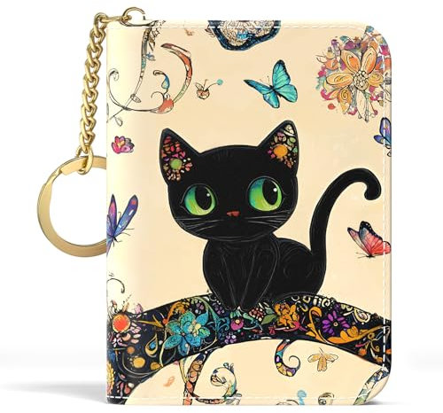 Aiawoxc Kreditkartenetui für Damen, kleine RFID-Geldbörse, schmal, Leder, Visitenkarten-Organizer, Etui mit Reißverschluss und Schlüsselanhänger, B-Cute Cat02, Card Holder